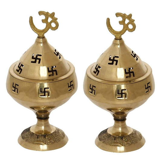 LX INDIA Diyas eCraftIndia Set of 2 Golden Om Swastik Decorative Brass Akhand Diya