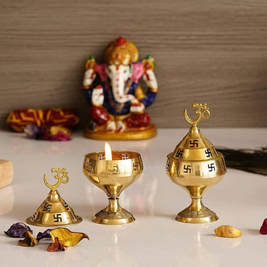 LX INDIA Diyas eCraftIndia Set of 2 Golden Om Swastik Decorative Brass Akhand Diya