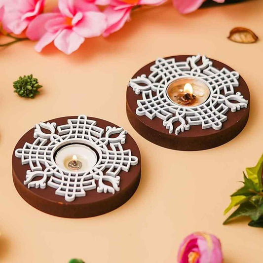 LX INDIA Tealight candle holders eCraftIndia Wooden Block Print Tea Light Candle Holders for diwali set of 2