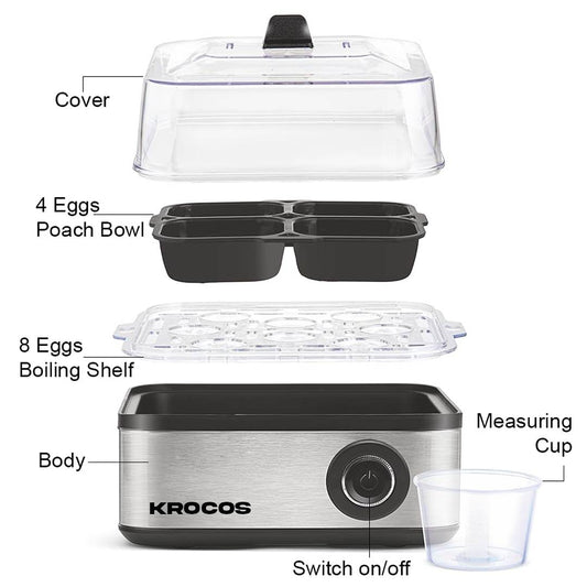 LX INDIA Electric Egg Boiler and Steamer KROCOS 2-in-1 Stainless Steel Egg Boiler & Poacher | Boils 8 Eggs, Poaches 4 Eggs, Steams Vegetables |