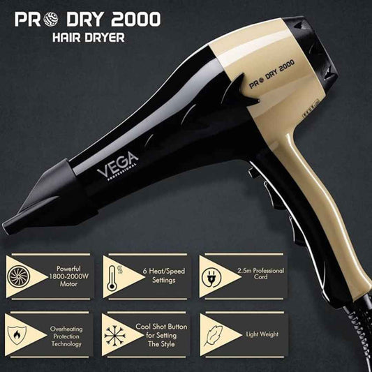 LXINDIA Dryer VEGA PROFESSIONAL Pro Dry 1800-2000 Watts Hair Dryer Gold, (Vpvhd-04)
