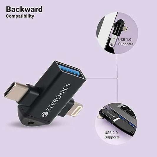 LX INDIA USB C & OTG Cables ZEBRONICS OTG2, 2 in 1 Lightning | Type C - USB OTG Converter, USB 3.0