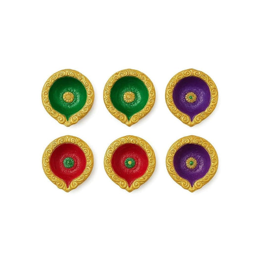 LX INDIA Diwali Diyas 6 Designer Diya for Diwali and Festivals Decorative Diyas for Diwali Decoration Items Set of 6 (2 Green 2 Red 2 Purple)