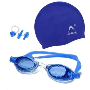 ArrowMax 100% Silicone Anti Fog Swimming Goggles Cap Earplug  Noseplug Set (Blue)