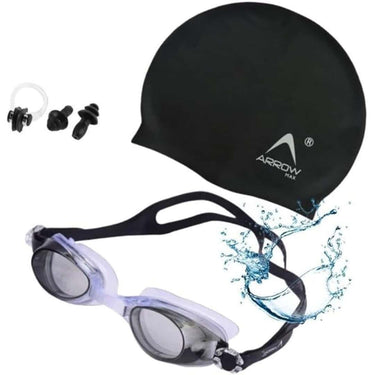 ArrowMax Swimming Kit (Silicone Cap Swimming Goggle Earplugs Noseplug) Black