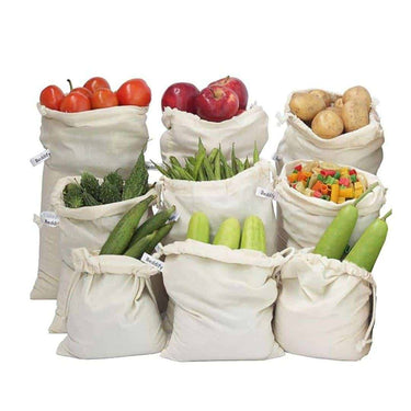 Beddify 100% Cotton Set of 9 Reusable Fridge Storage Bags for Vegetables and Fruits Multipurpose Eco Friendly Bags