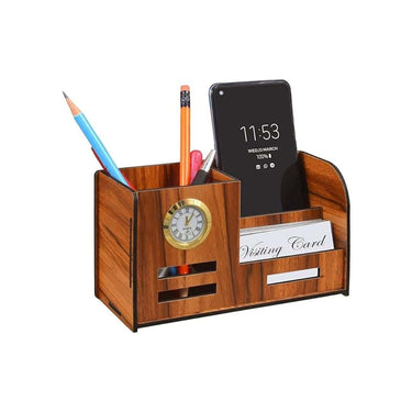 Bodytech Pen Holder Wooden Pen Stand With Clock Brown