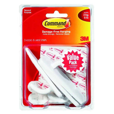 Command 3M Large Plastic Utility Hook with 2 Strips (Pack of 3)