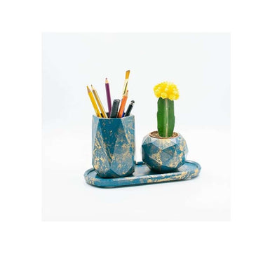 Dwell dapper Hexagonal Pencil and Pen Holder Cyan with Golden and Teal set of 3