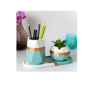 Dwell dapper Hexagonal Pencil and Pen Holder White and Teal set of 3