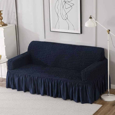 HOKIPO 280 GSM Elastic Stretchable 3 Seater Bubble Frill Sofa Cover Navy Blue