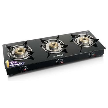 Impex 3 Burner Gas Stove 6 Mm Toughened Glass Gas Stove Black