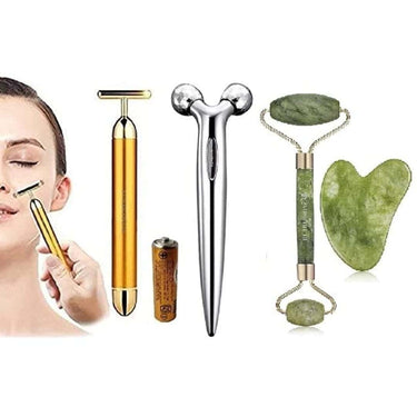 RUDRESHWAR T Shaped Gold Electric Vibration Facial Massage With Jade Stone Gua Sha Tools Mini 3D Roller Face Massager