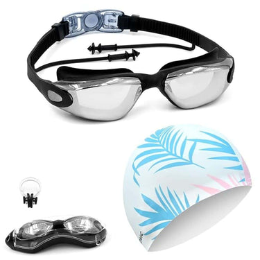 SLOVIC Black Swimming Goggles White Leaf Printed Swimming Caps