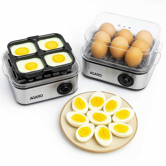 LX INDIA Electric Egg Boiler and Steamer AGARO Grand Egg Boiler And Poacher, 2-in1 Boils 8 Eggs, Poach 4 Eggs, Steamed Vegetables, 3 Boiling Types, Stainless Steel Body, Transparent Lid, 500W, Silver