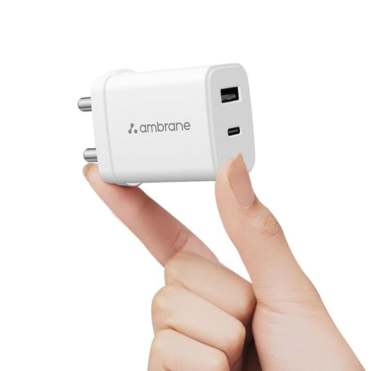 LX INDIA Mobile Charger Ambrane 30W Dual Port GaN Charger, USB & Type C Fast Charging Adapter (Charge 30, White)