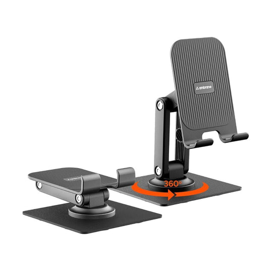 LX INDIA Mobile Holder Ambrane 360° Rotation, Foldable Design Mobile Stand with Stable Metalic Round Base, Multiple Height & Angle adjustments Compatible with Smartphones, Tablets, Kindles & iPad