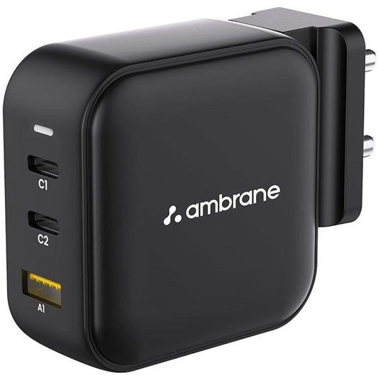 LX INDIA Mobile Charger Ambrane 65W Charger Adapter, 3 Ports - 2 Type C & 1 USB (RAAP G65, Black)