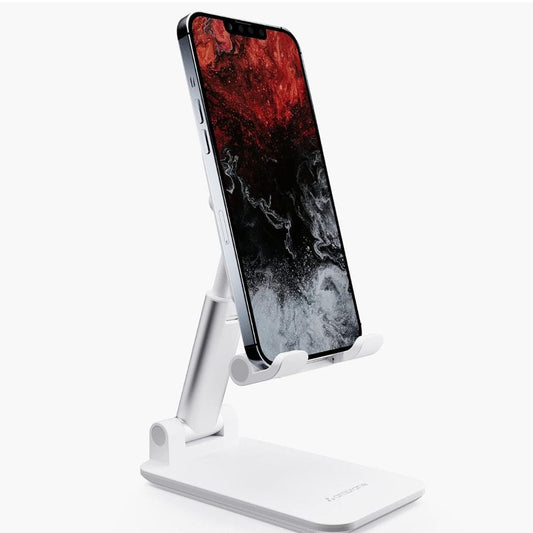 LX INDIA Mobile Holder white Ambrane Mobile Holding Tabletop Stand, 0-135 Perfect View, Height Adjustment, Wide Compatibility, Multipurpose, Anti-Skid Design