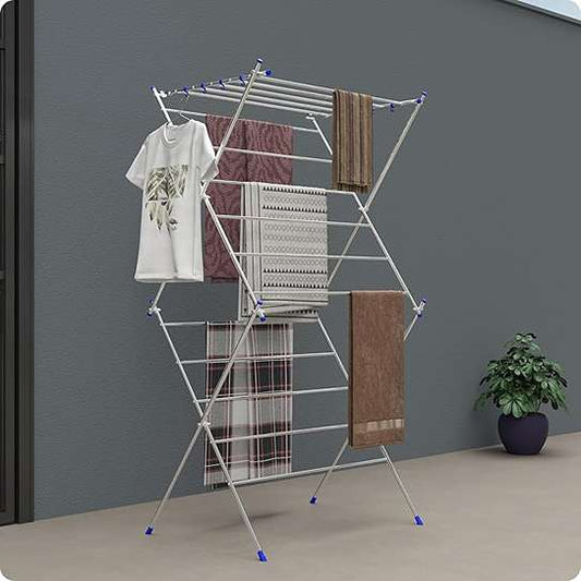 LX INDIA cloth drying stand Amiraj Premium 3-Layer Foldable Clothes Drying Stand with 16 Rods  (Blue)
