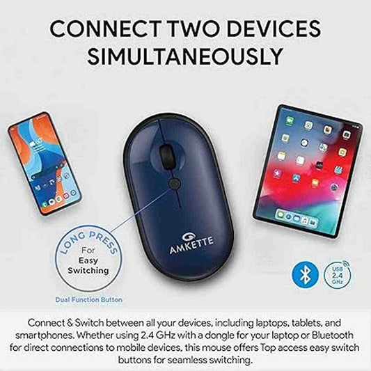 LX INDIA Mouse Amkette Hush Pro Byte Bluetooth Mouse BT 5.3 & USB 2.4 GHz Wireless Connectivity, Blue