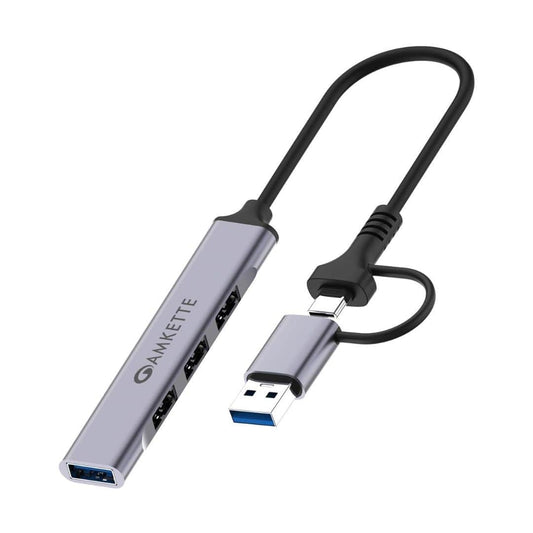 LXINDIA USB HUB Amkette Type A and C 4 Port USB Hub 3.0 (Grey)