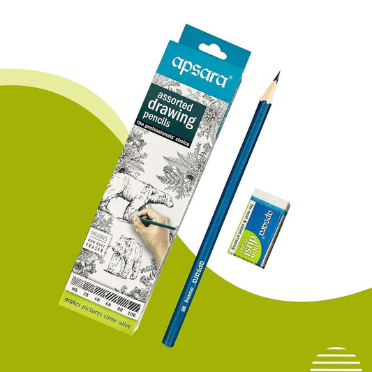 LXINDIA Pencil Apsara Assorted Drawing Pencils, HB, B, 2B, 2B, 4B, 6B - Pack of 2
