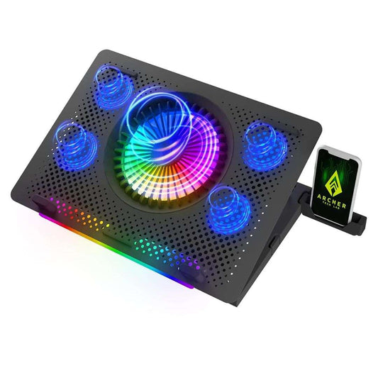 LX INDIA Mobile phone cooler Archer Tech Lab Cooling Pad Stand for Gaming Laptop with RGB Lighting, 5 Turbo Cooler Fans, 5 Adjustable (Squall 200)