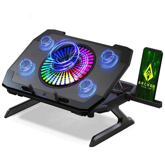 LX INDIA Mobile Cooler Archer Tech Lab RGB Gaming Laptop , 5 Turbo Fans Dual USB Ports 7 Adjustable Angles Elevation Bracket & Phone Holder