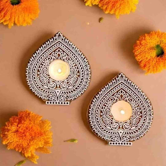 LX INDIA Tealight candle holders Ascension 2 Wooden Betel Leaf Shaped Tea Light Candle Holder Handmade Wooden Block Print