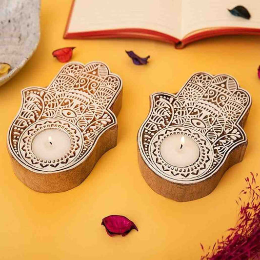 LX INDIA Tealight candle holders Ascension 2 Wooden Hand Shaped Tea Light Candle Holder