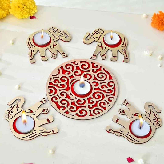 LX INDIA Tealight candle holders Ascension Elephant MDF Rangoli Set with Tealights Candels Reusable Rangoli Stencil Diwali Decoration Items