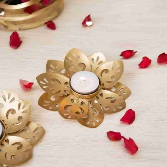 LX INDIA Candle Holders Ascension Set of 2 Golden Lotus Floral Decorative Metal Diyas for Diwali Decor Tea Light Candle Holder