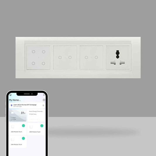 LX INDIA Wifi switch board White Aziot 8 Module Switch Board Plate | Smart 4 Touch, Two 2 Touch SW & 1 Socket