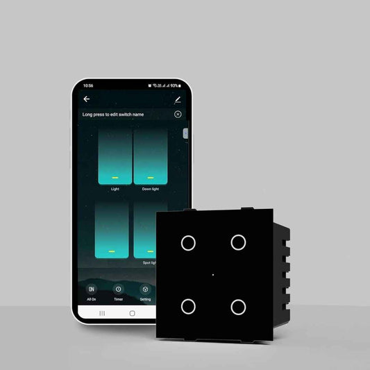 LX INDIA Wifi switch board AZIOT SMART MODULAR 4 GANG TOUCH SWITCH (6 amps each) Black