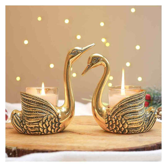 LX INDIA Candle Holders BEHOMA Aluminium Pair of Swans for Good Luck