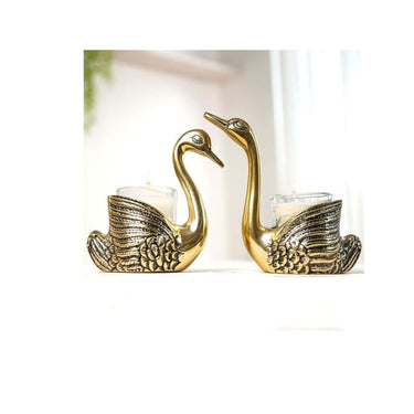 LXINDIA Show Piece BEHOMA Metal Pair of Swans for Good Luck and Love with Candle Holder Gold