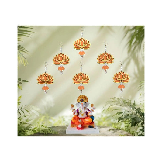 LX INDIA Wall Hanging BENAVJI Handmade MDF Wood Lotus Hangings Jhumki Style Orange Color Lotus(Pack of 6)