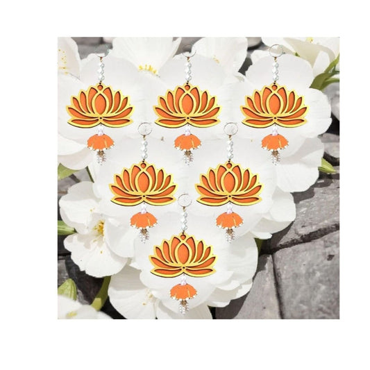 LX INDIA Wall Hanging BENAVJI Handmade MDF Wood Lotus Hangings Jhumki Style Orange Color Lotus(Pack of 6)