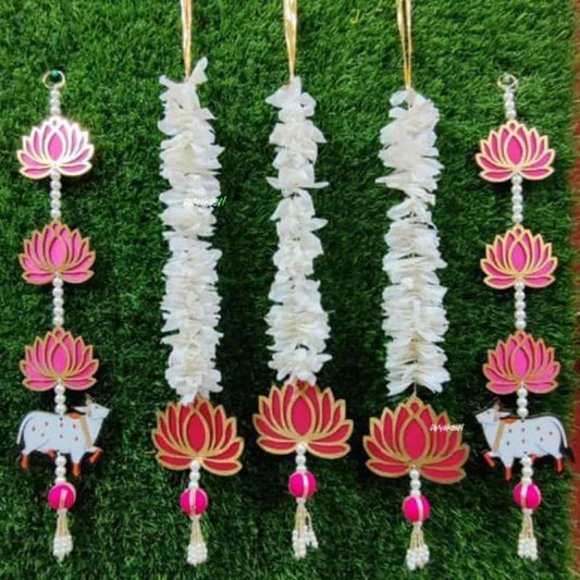 LX INDIA Diwail sale BENAVJI Lotus Hanging 5 Pcs with Cow White Artificial Flowers Garland |Handmade Wall Decoration Lotus with jhumki Style Hanging for Home Decor,Diwali & All Festival Décor|2.5 Ft Each