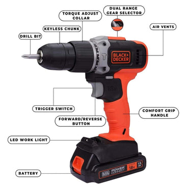 LXINDIA Corded and Cordless Drills BLACK DECKER Bcd003C1 18V 10Mm Cordless Variable Speed Hammer Drill Machine