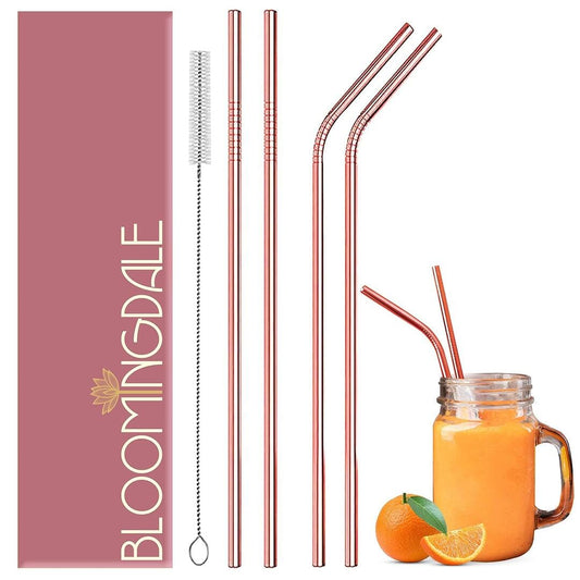 LX INDIA Reusable Straws Bloomingdale Reusable Stainless Steel Straw with Cleaning Brush- Reusable Set of 5 (2- Bend Pipe, 2- Long Straw, 1-Cleaning Brush), Rose Gold (Pack of 2)