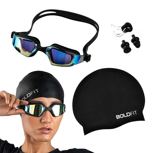 LX INDIA swimming set Boldfit Swimming Cap Goggles with Ear & Nose Plug Set