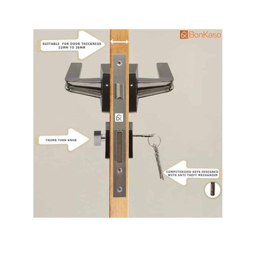 LXINDIA Lock BonKaso F023393 Premium Zinc Heavy Duty Safe and Secure Mortise Main Door Lock Set with Door (Stainless Steel Finish)