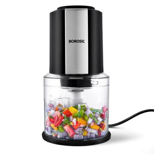LX INDIA Fruit Cutter Borosil Chef Delite 300W Electric Chopper features twin blade technology and a 600ml 'chop-n-store' bowl with lid.