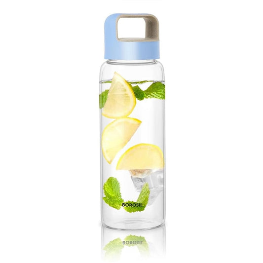 LX INDIA Bottle Borosil Neo Glass Water Bottle, For Fridge, Borosilicate Glass, Extreme Temperature Resistant, For Hot &amp; Cold, Blue Lid, 550 ml, Stylish &amp; Transparent&nbsp;