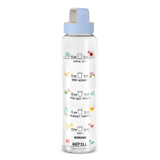 LX INDIA Bottle Borosil Neo Motivational Time Marker Glass Water Bottle – 1000 ml, Borosilicate Glass, Blue Husk Lid , Hot & Cold Use , AM PM Tracker Bottle