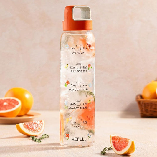 LX INDIA Bottle Borosil Neo Motivational Time Marker Glass Water Bottle with Orange Husk Lid | 1000 ml, Borosilicate Glass, Extreme Temperature Resistant, For Hot & Cold | Bottle for Milk, Lassi, Juice | AM PM Bottle