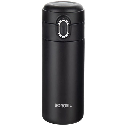 LX INDIA Bottle Borosil Traveller 300ml Stainless Steel Water Bottle, Double Wall Vacuum Insulated Flask,10 Hrs Hot &amp; Cold ,Leakproof, BPA Free, Bottle for School, Office, College &amp; Gym, Black