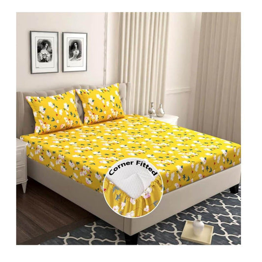 LX INDIA Bedsheet BSB HOME Elastic Fitted Bedsheets with 2 Pillow Covers (Green and Yellow)